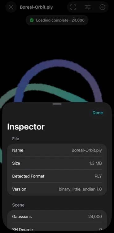 Boreal Splat Inspector screen showing a detected PLY format and Gaussian scene details