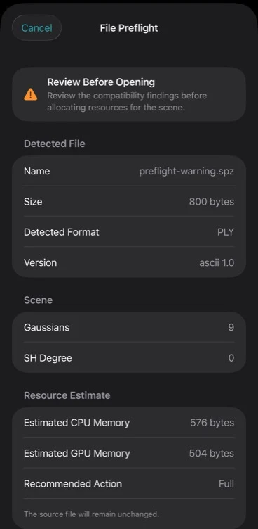 Boreal Splat File Preflight on iPhone showing detected PLY format, Gaussian count, resource estimate, and recommended action