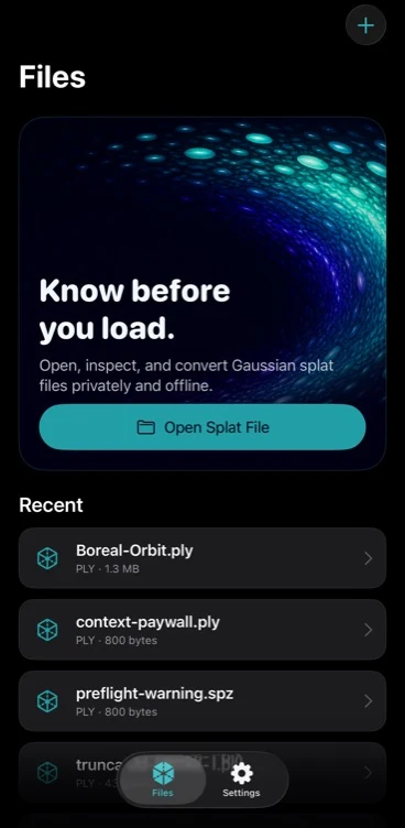 Boreal Splat Files screen with the Open Splat File action and a list of recent Gaussian splat files