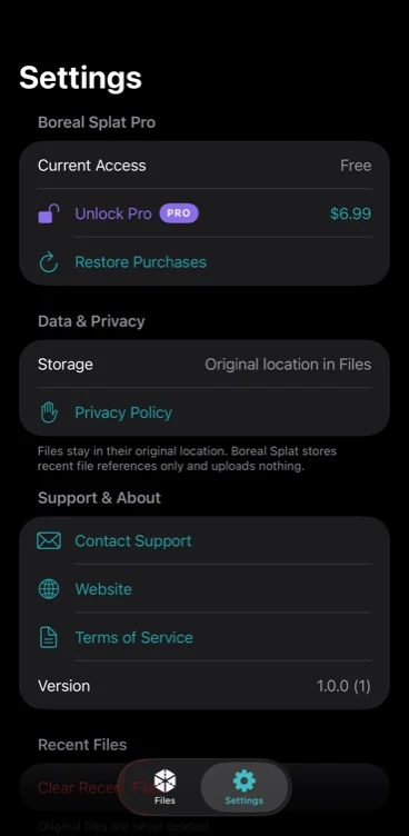 Boreal Splat Settings showing original Files storage, Privacy Policy, Contact Support, Website, and Terms of Service