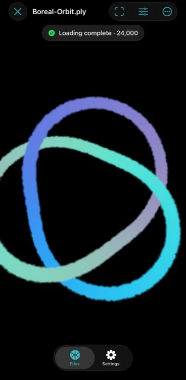 Boreal Splat viewer rendering a colorful sample Gaussian splat scene